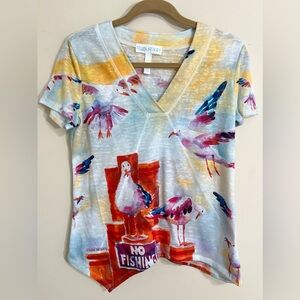 ELLEN NEGLEY Womens Short Sleeve V Neck Art & Sol Petite S Seagull Beach Coastal